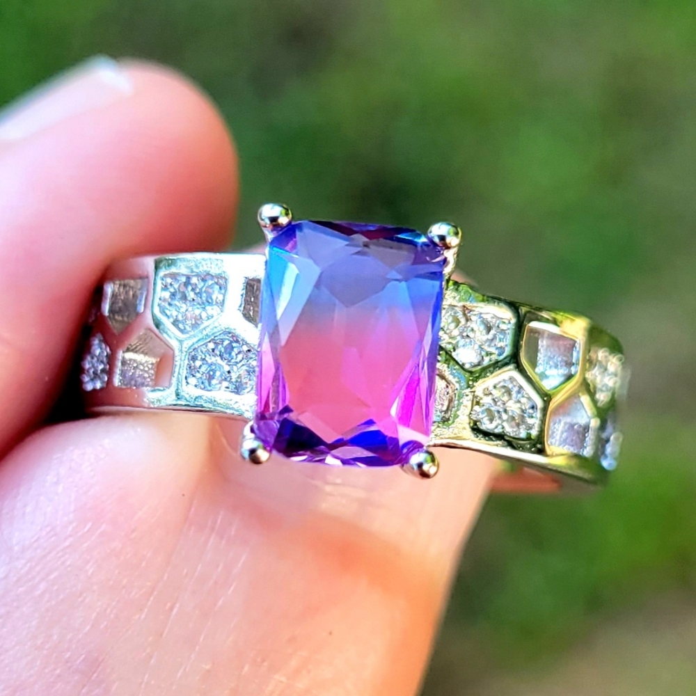 Translucent Pink Blue Purple Gender Reveal Silver Ring Size 6.5